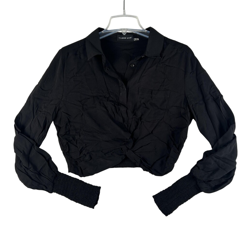 Mustard Seed Button Up Shirt Womens Medium Black Cropped Balloon Sleeve Elastic